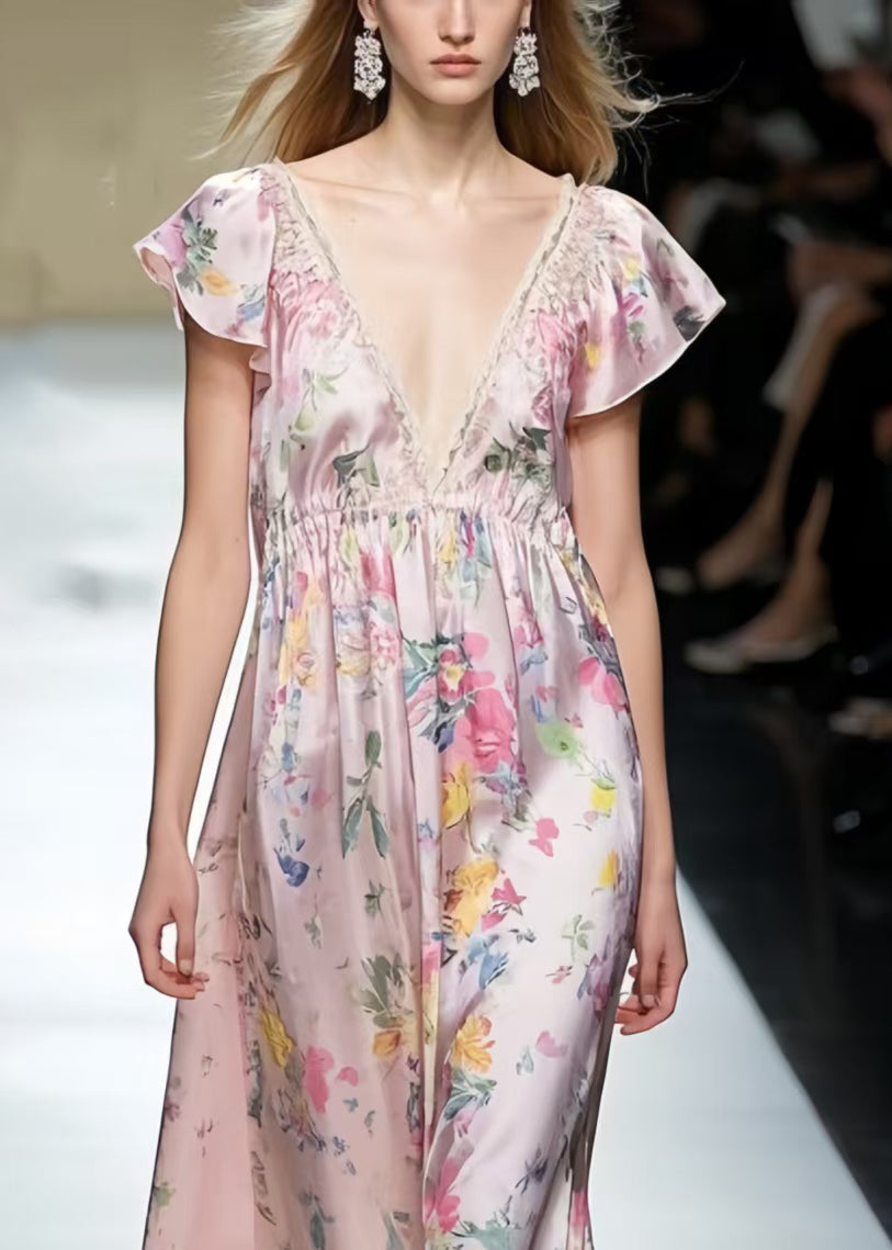 Modern Pink Print Silk Vacation Dresses Cinched Sleeveless