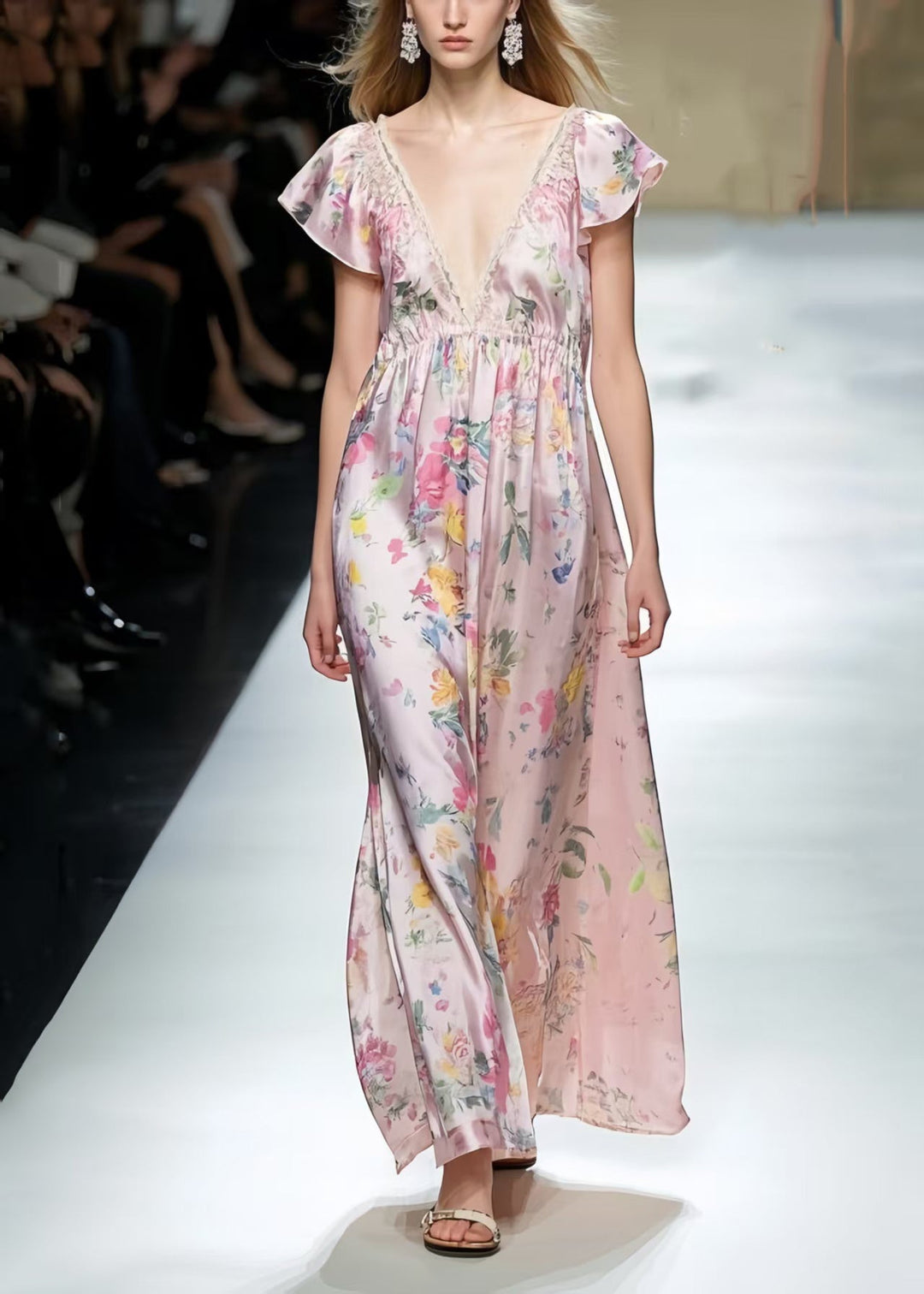 Modern Pink Print Silk Vacation Dresses Cinched Sleeveless