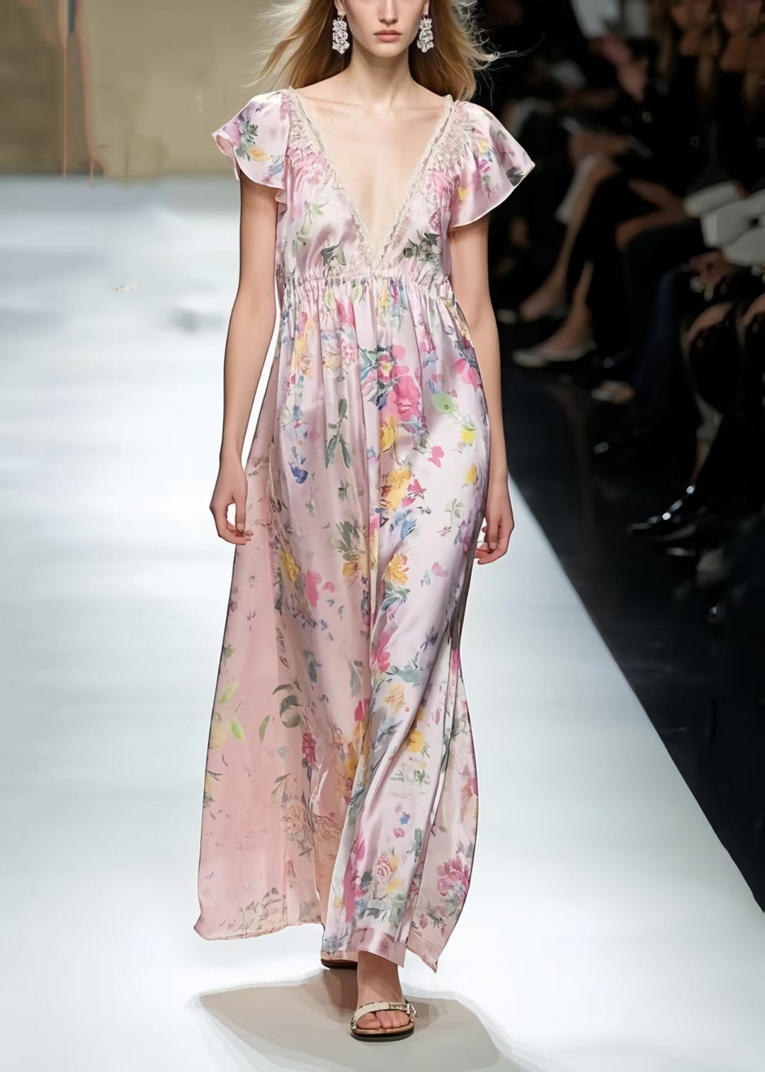 Modern Pink Print Silk Vacation Dresses Cinched Sleeveless