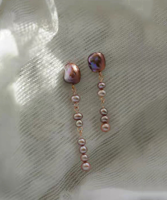Modern Purple Metal Asymmetrical Pearl Drop Earrings