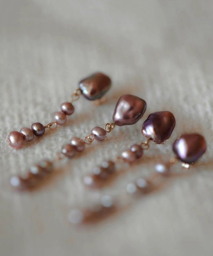 Modern Purple Metal Asymmetrical Pearl Drop Earrings