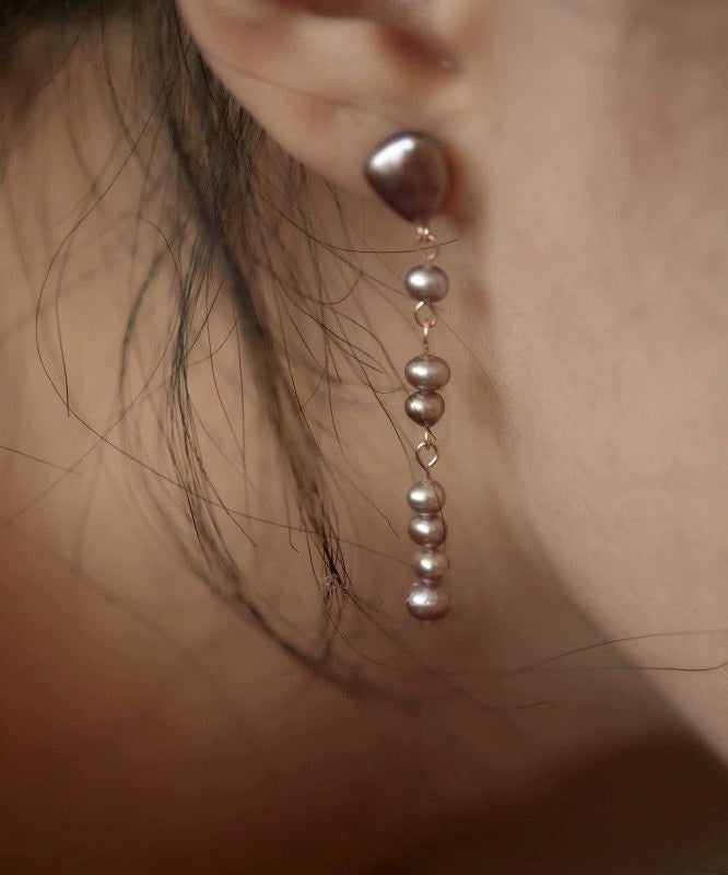 Modern Purple Metal Asymmetrical Pearl Drop Earrings