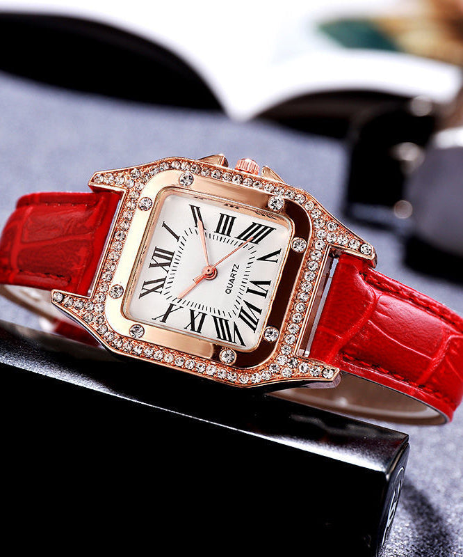 Modern Red Leather Inlaid Zircon Quartz Movement Watches