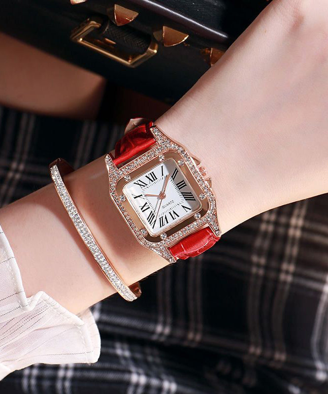 Modern Red Leather Inlaid Zircon Quartz Movement Watches