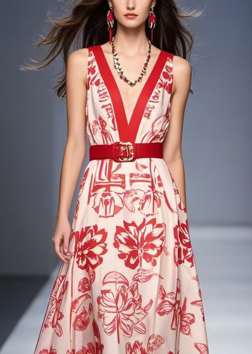 Modern Red V Neck Print Silk Tunic Dress Summer