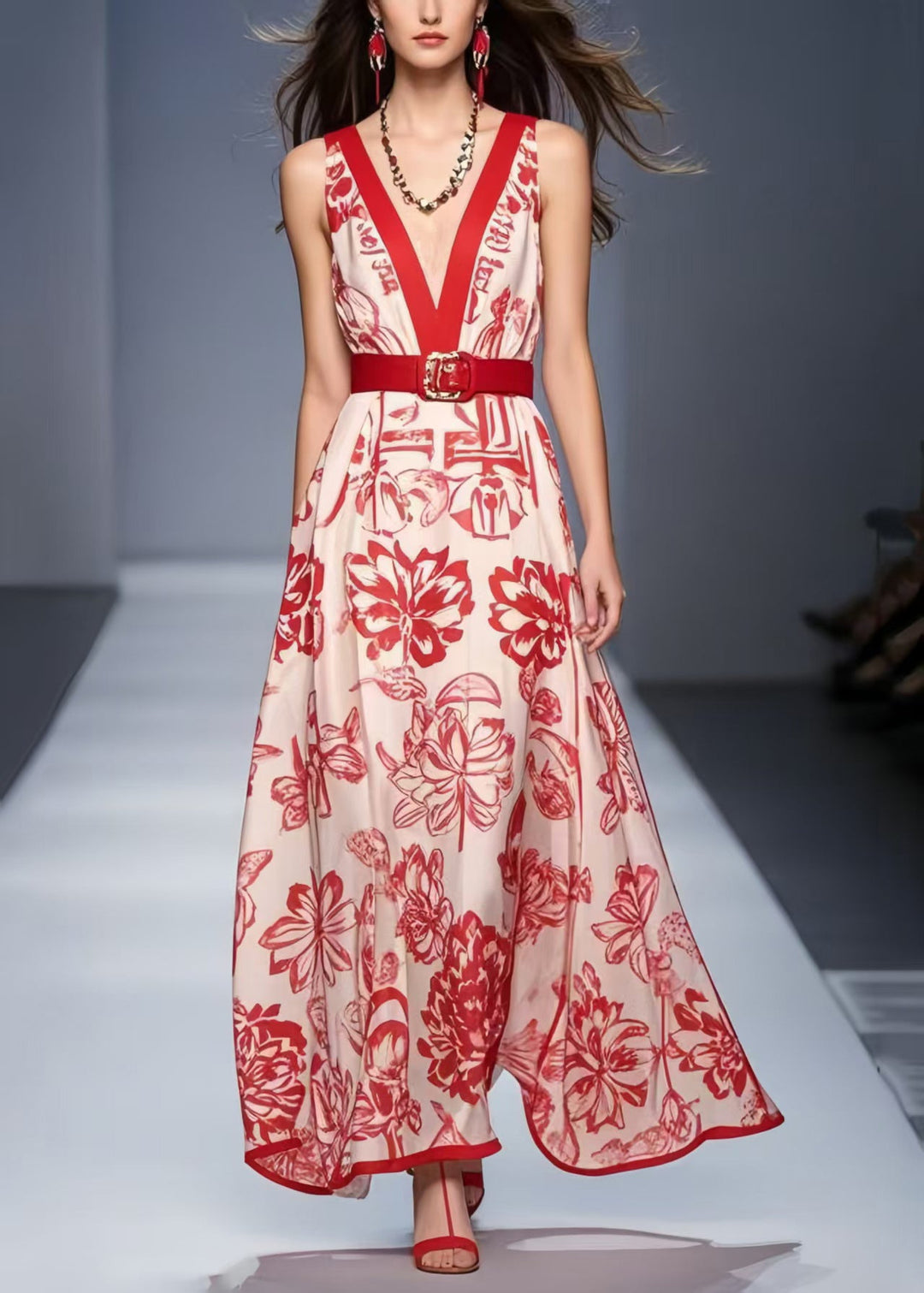 Modern Red V Neck Print Silk Tunic Dress Summer