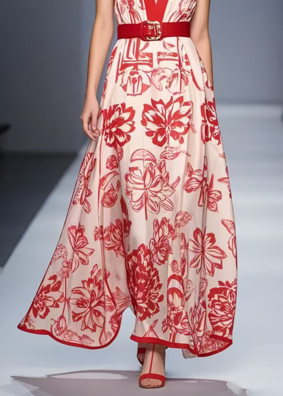 Modern Red V Neck Print Silk Tunic Dress Summer