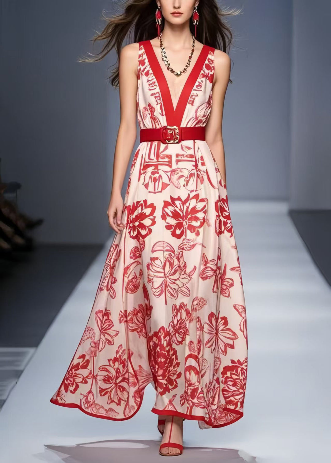 Modern Red V Neck Print Silk Tunic Dress Summer