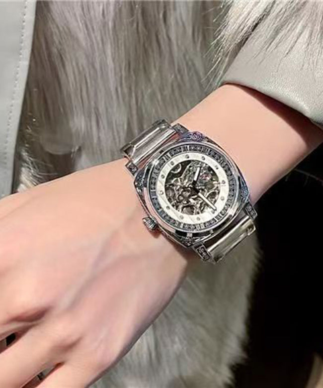 Modern Silk Stainless Steel Patchwork PU Hollow Out Machinery Watches