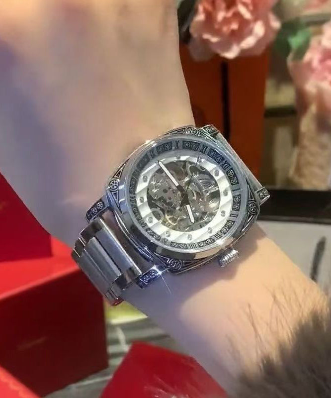 Modern Silk Stainless Steel Patchwork PU Hollow Out Machinery Watches
