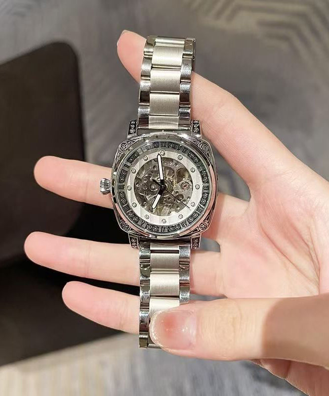 Modern Silk Stainless Steel Patchwork PU Hollow Out Machinery Watches