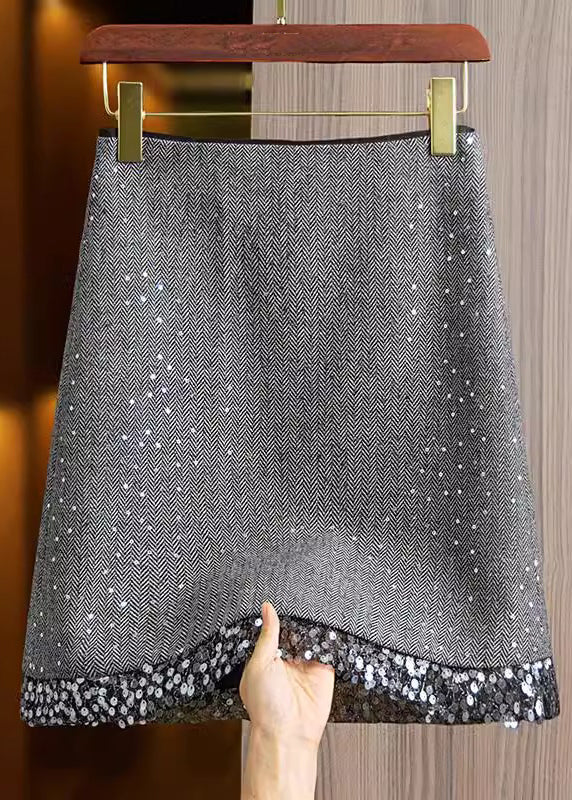 Modern Silver Grey Sequins Patchwork Cotton Skirt Fall