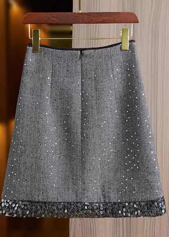 Modern Silver Grey Sequins Patchwork Cotton Skirt Fall