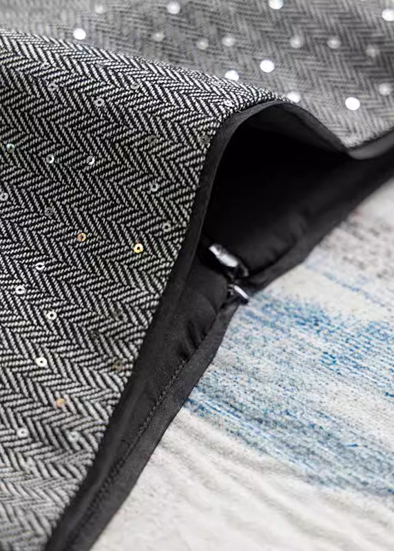 Modern Silver Grey Sequins Patchwork Cotton Skirt Fall