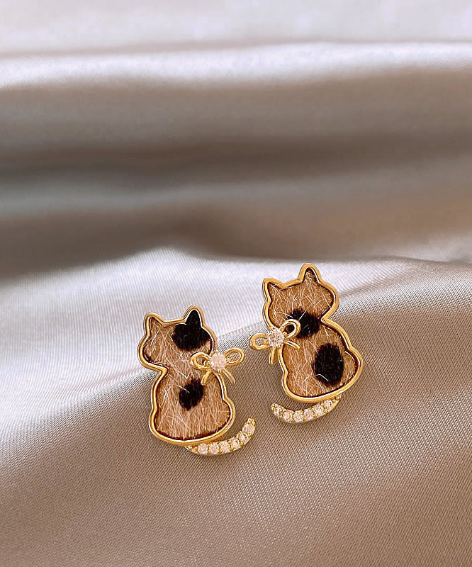 Modern Srerling Silver Overgild Zircon Little Cats Stud Earrings