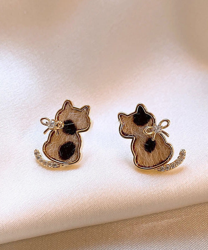 Modern Srerling Silver Overgild Zircon Little Cats Stud Earrings