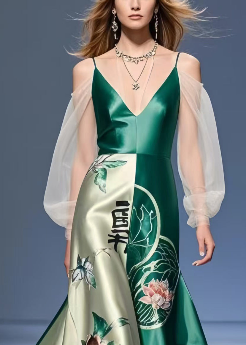 Modern Tea Green Cold Shoulder Patchwork Silk Mini Dress Summer