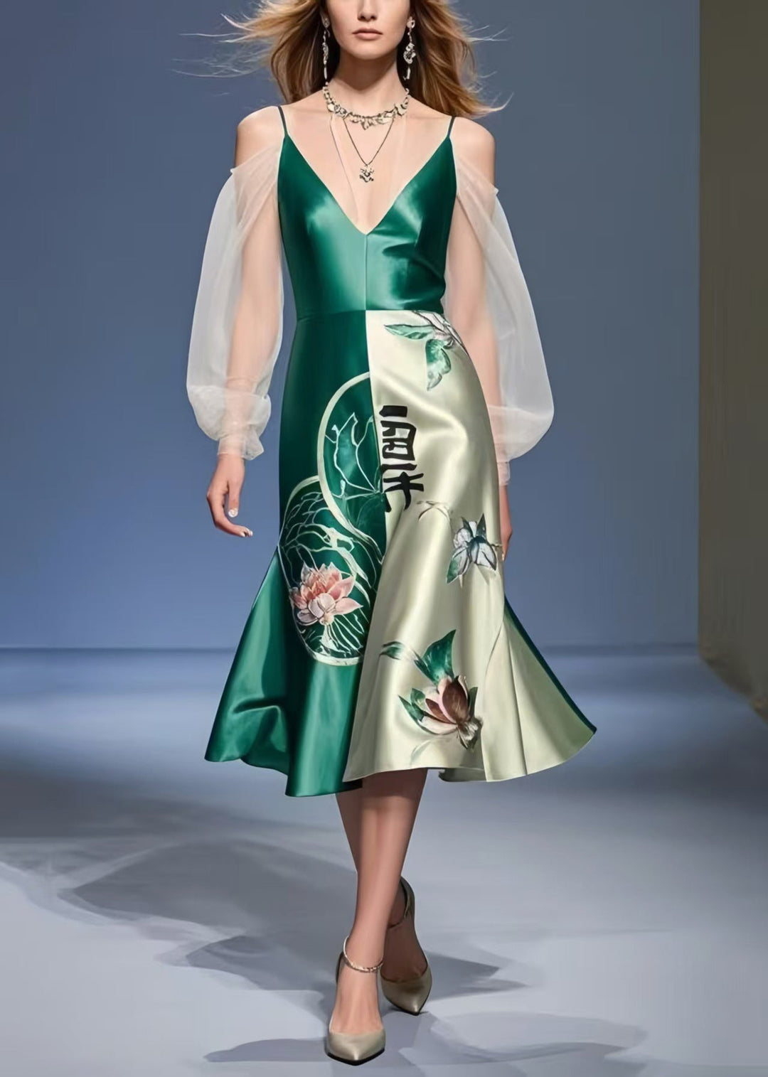 Modern Tea Green Cold Shoulder Patchwork Silk Mini Dress Summer