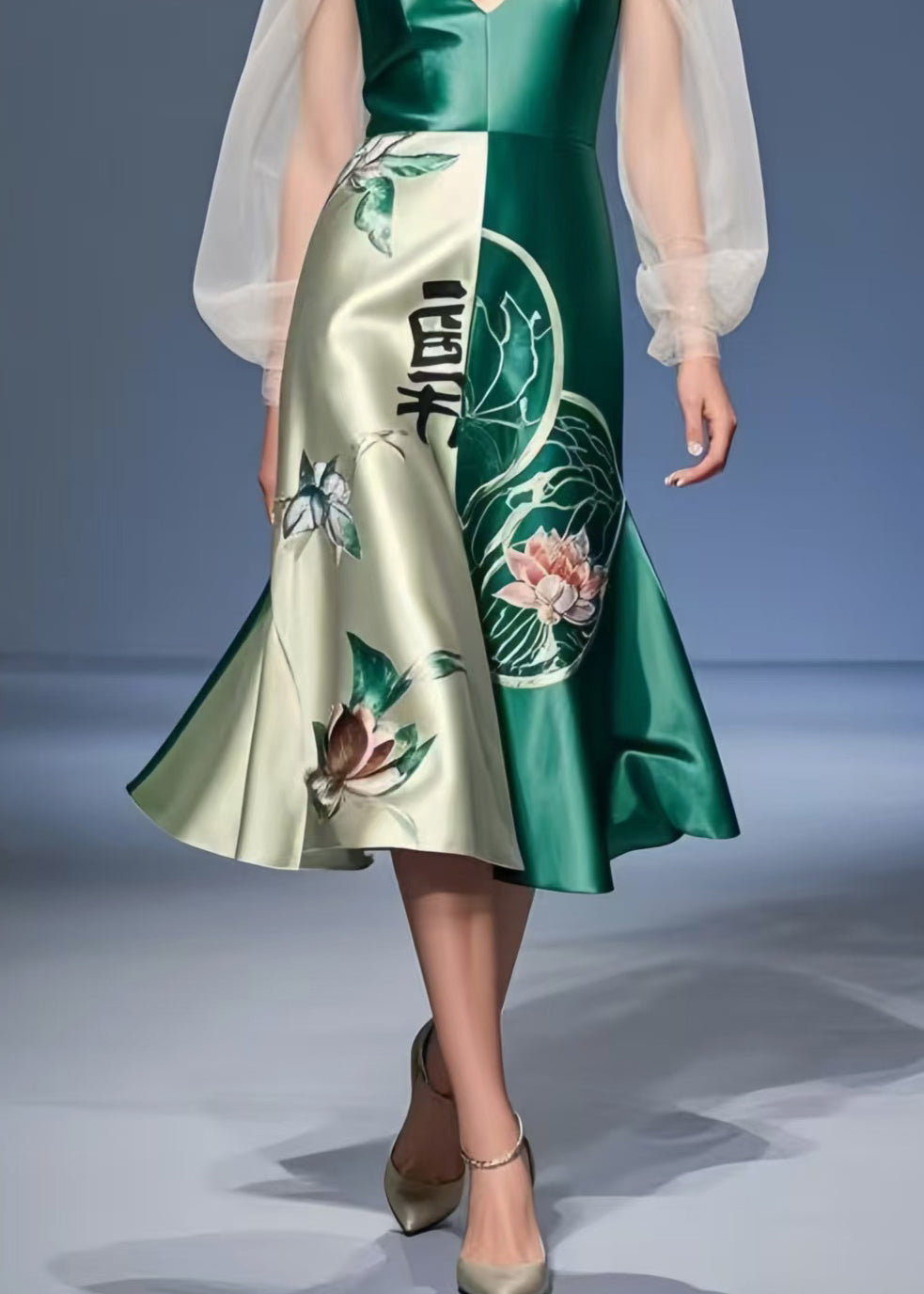 Modern Tea Green Cold Shoulder Patchwork Silk Mini Dress Summer