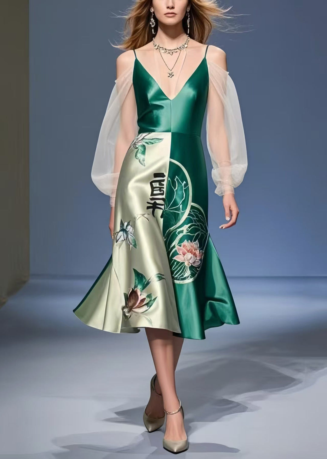 Modern Tea Green Cold Shoulder Patchwork Silk Mini Dress Summer