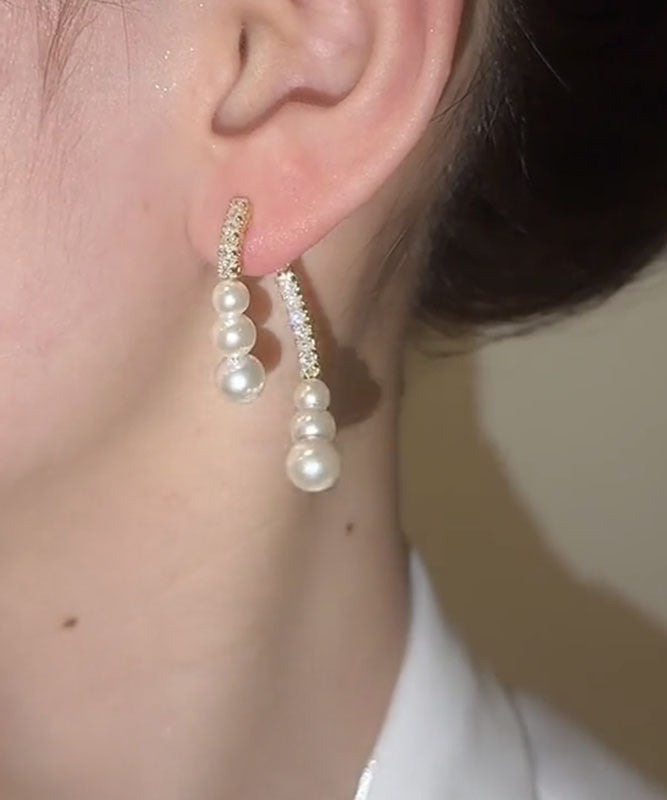 Modern White Copper Zircon Pearl Tassel Hoop Earring