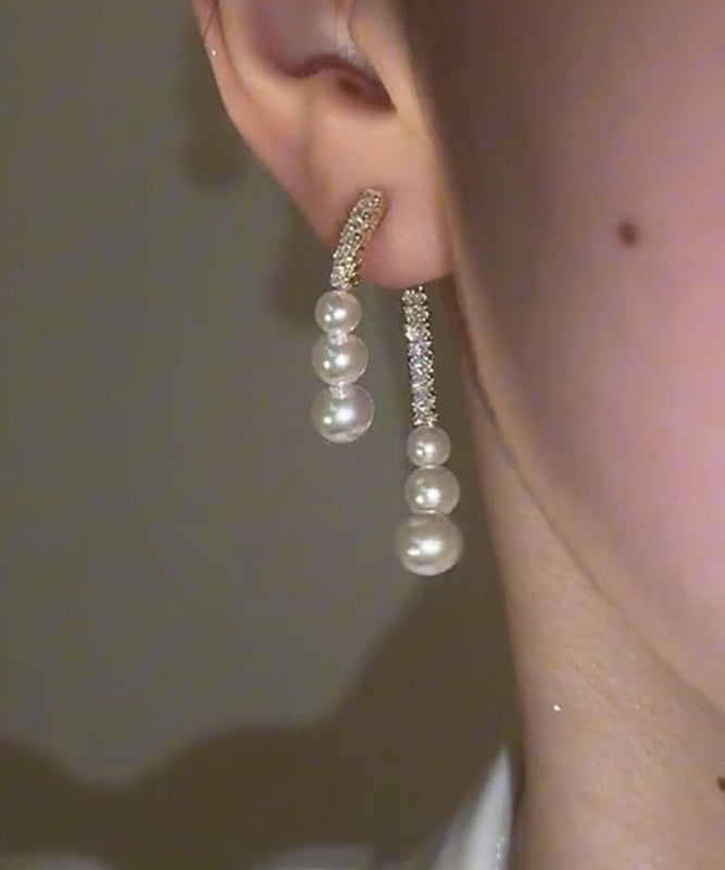 Modern White Copper Zircon Pearl Tassel Hoop Earring