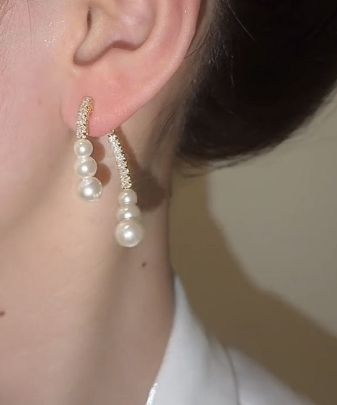 Modern White Copper Zircon Pearl Tassel Hoop Earring