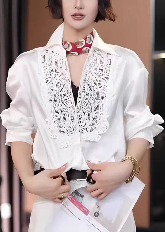 Modern White Hollow Out Lace Patchwork Cotton Shirt Tops Fall