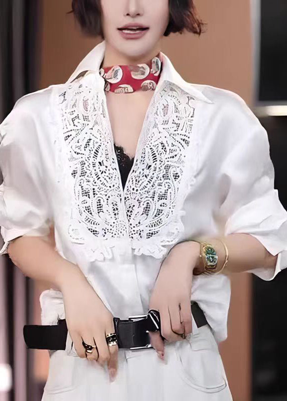 Modern White Hollow Out Lace Patchwork Cotton Shirt Tops Fall