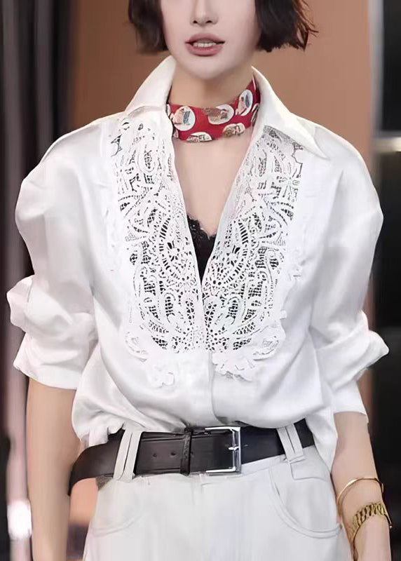 Modern White Hollow Out Lace Patchwork Cotton Shirt Tops Fall