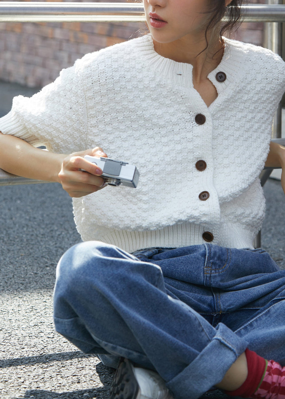 Modern White O Neck Button Knit Top Half Sleeve