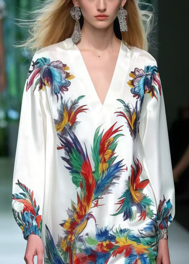 Modern White V Neck Phoenix Print Silk Mini Dress Summer