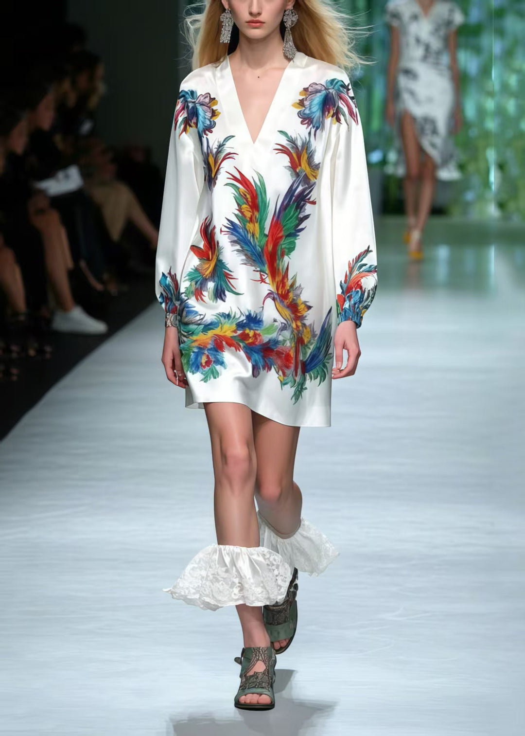 Modern White V Neck Phoenix Print Silk Mini Dress Summer