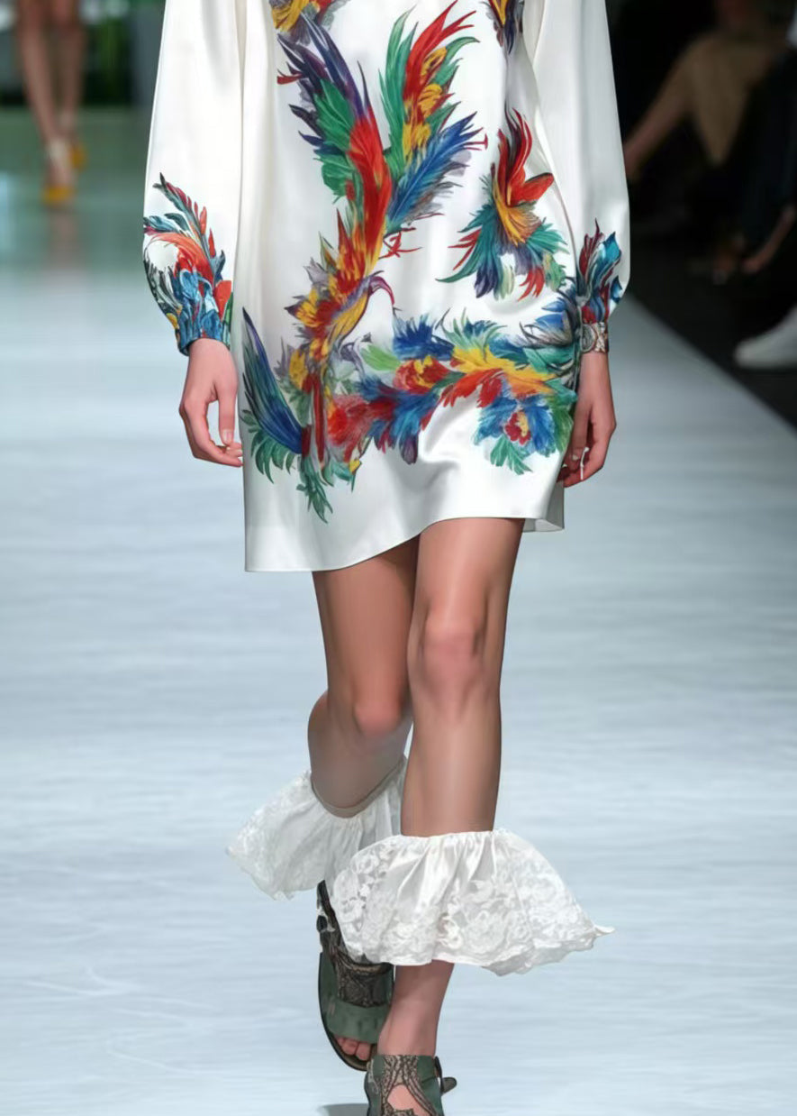 Modern White V Neck Phoenix Print Silk Mini Dress Summer