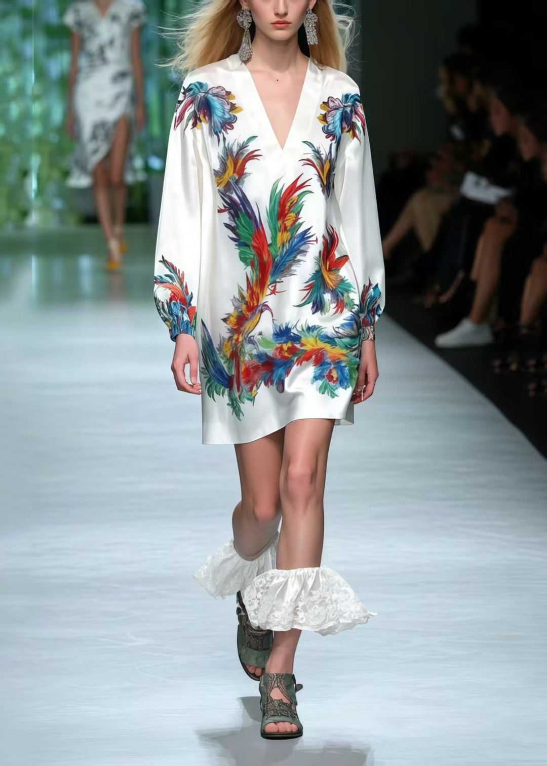 Modern White V Neck Phoenix Print Silk Mini Dress Summer