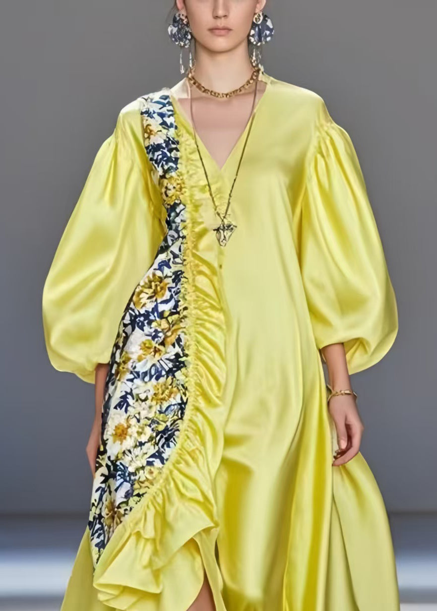 Modern Yellow Asymmetrical Patchwork Silk Vestidos Dresses Lantern Sleeve
