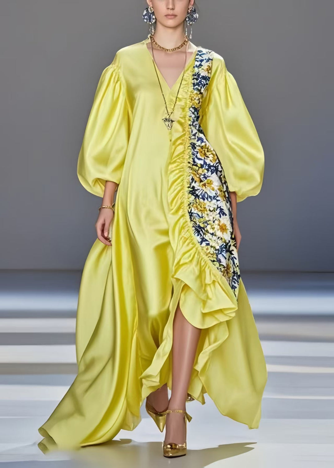 Modern Yellow Asymmetrical Patchwork Silk Vestidos Dresses Lantern Sleeve
