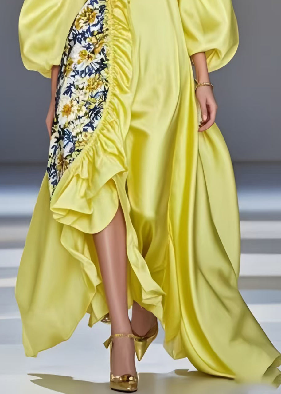 Modern Yellow Asymmetrical Patchwork Silk Vestidos Dresses Lantern Sleeve