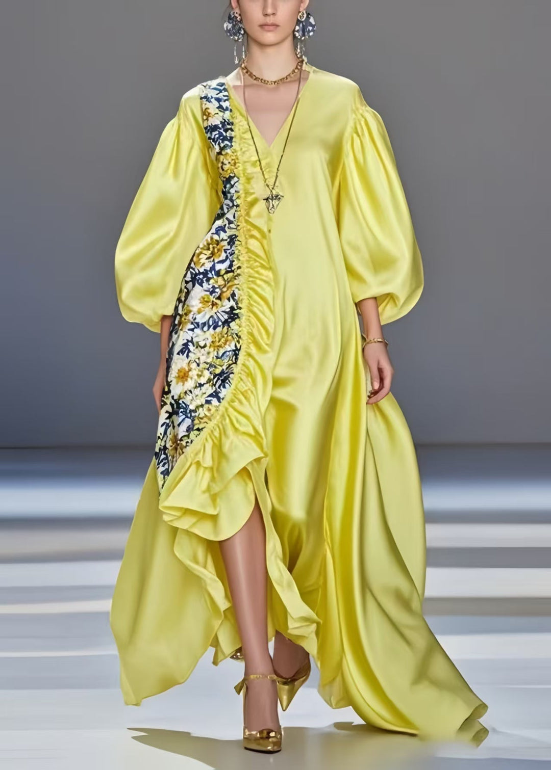Modern Yellow Asymmetrical Patchwork Silk Vestidos Dresses Lantern Sleeve