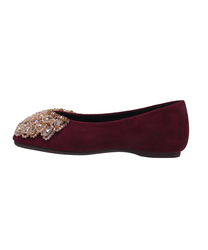 Mulberry Crystal Zircon Suede Splicing Flat Shoes Square Toe