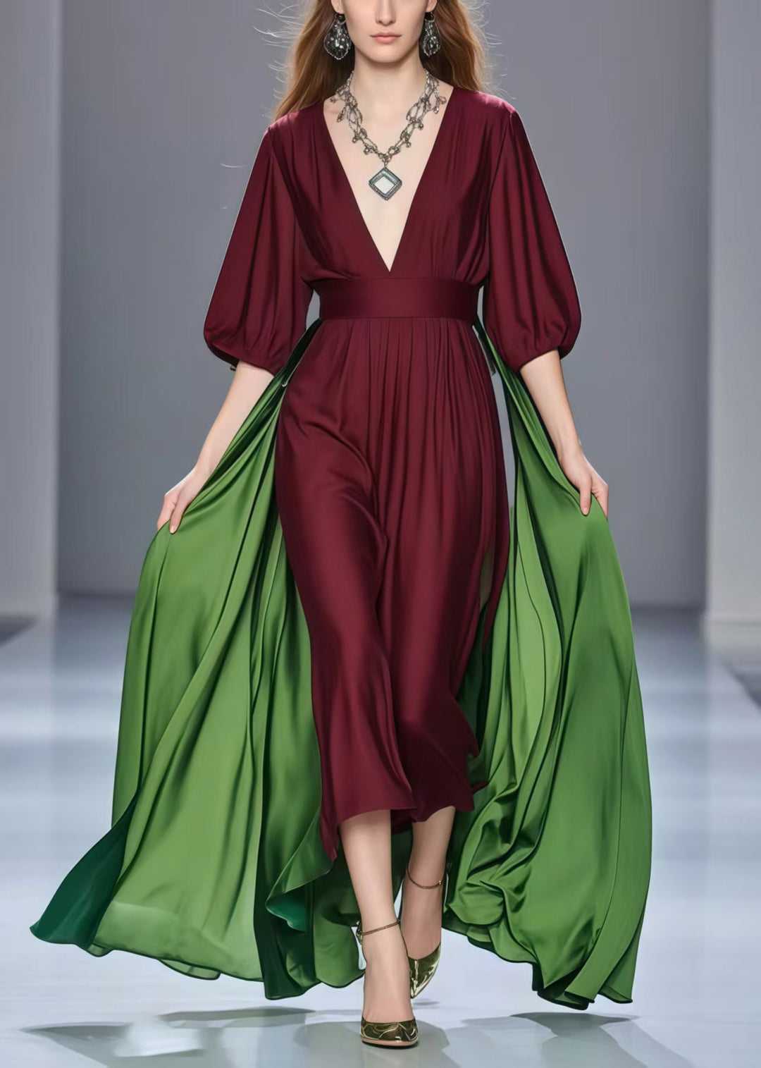 Mulberry Patchwork Silk Dresses Cinched Exra Large Hem Summer