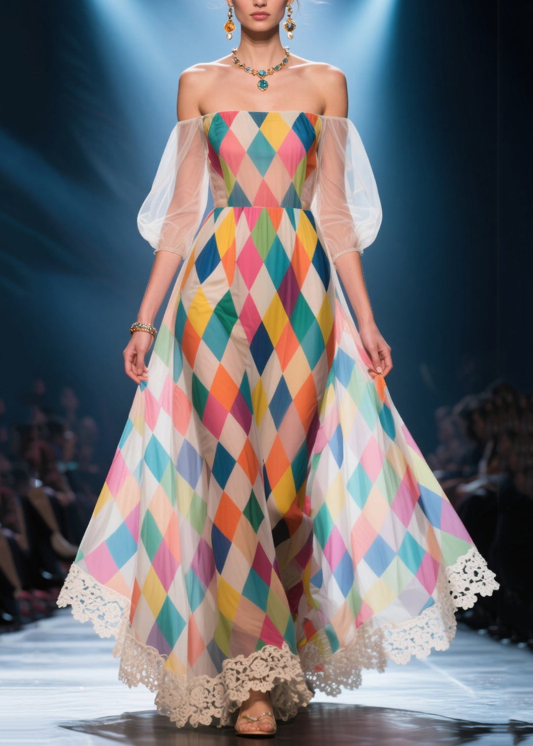 Multicolour Plaid Chiffon Party Dress Cold Shoulder Puff Sleeve