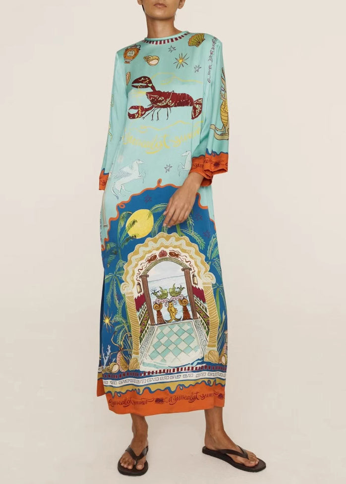 Natural Blue O Neck Print Side Open Silk Maxi Dress Long Sleeve