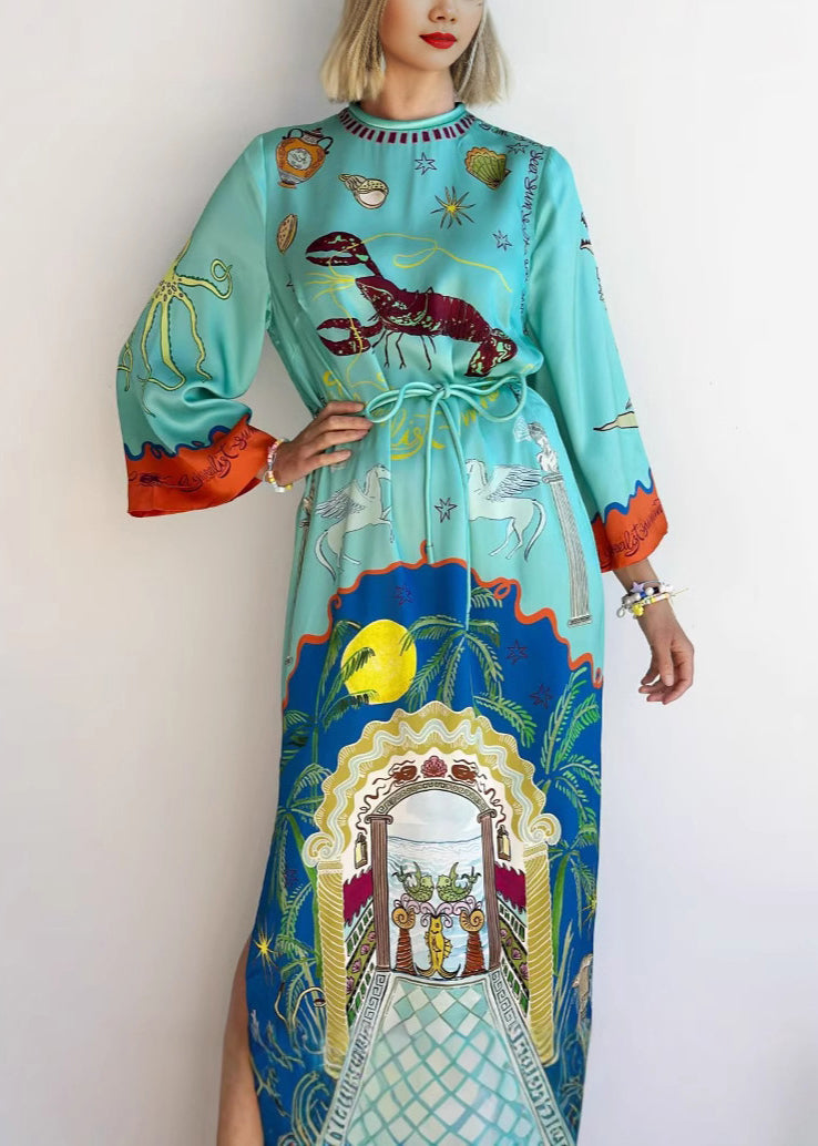 Natural Blue O Neck Print Side Open Silk Maxi Dress Long Sleeve