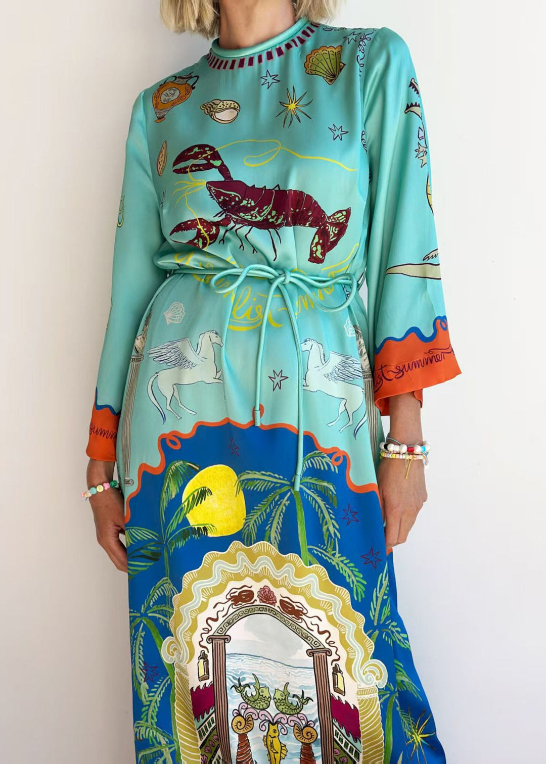 Natural Blue O Neck Print Side Open Silk Maxi Dress Long Sleeve