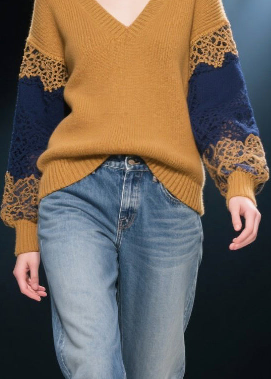 Natural Brown V Neck Patchwork Lace Knit Pullover Winter