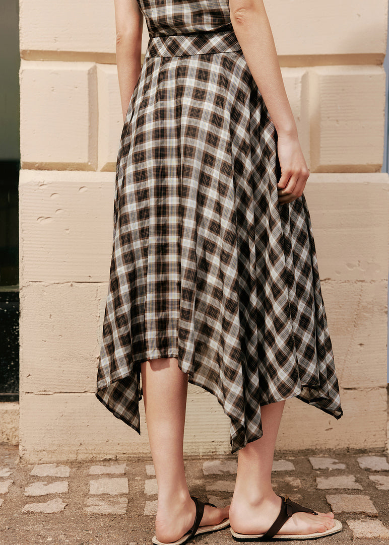 Natural Coffee Plaid Asymmetrical High Waist Silk Cotton A Line Skirts Summer