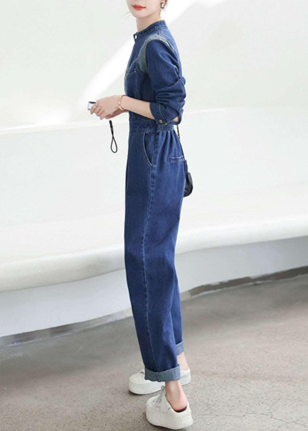 Natural Dark Blue O-Neck Patchwork Flattering Denim Jumpsuit Fall