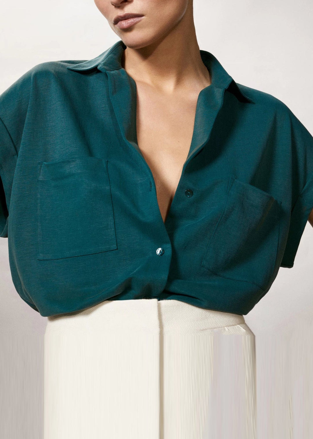 Natural Green Peter Pan Collar Low High Design Silk Cotton Shirt Short Sleeve