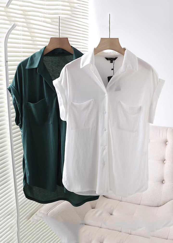 Natural Green Peter Pan Collar Low High Design Silk Cotton Shirt Short Sleeve